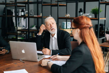 Skilled mature adult male businessman having meeting with young diverse multi-ethnic business...