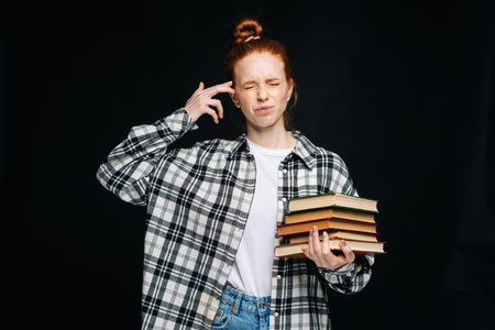 Depressed stressed young woman college student making suicide gesture making gun sign with hand, pointing to head on black background. Pretty redhead lady emotionally showing facial expressionsの写真素材