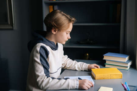 Close-up side view of focused pupil boy sitting at desk with paper workbook and preparation to doing...