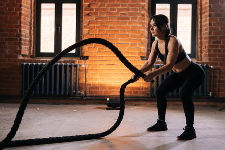 Fitness young athletic woman with strong beautiful body in black activewear exercising with battle ropes having workout training. Muscular Caucasian female workout out in dark gym.の写真素材