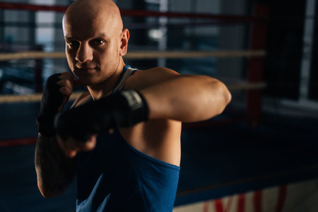 Front view of serious aggressive boxer male wearing bandages punching air to camera in sport club with dark interior, on background of ring. Professional fighter fighting shadow looking at camera.の写真素材