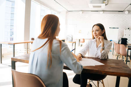 Rear view of two cofident business woman working together on contract documents sitting in modern...