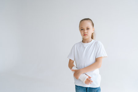 Portrait of suffering little girl with broken hand wrapped in white plaster bandage standing touching massaging injured wrist on light isolated background in studio, looking at camera.の写真素材