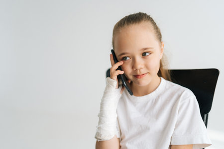 Close-up portrait of cute little girl with broken arm wrapped in plaster bandage talking smartphone,...