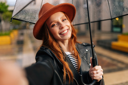 Smiling redhead young woman wearing elegant hat under transparent umbrella making selfie photo looking at camera, holding mobile phone on hand, standing in rain on European city streetの写真素材