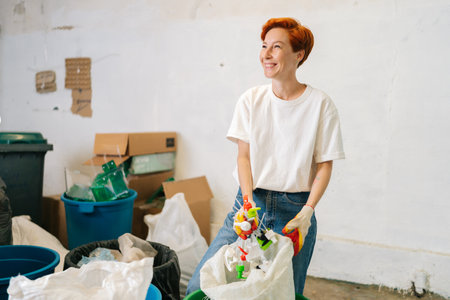 Portrait of happy smiling female worker in latex gloves sorting diverse plastic garbage for further...