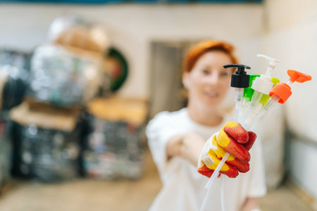 Selective focus shot of blurred female volunteer in gloves holding in hands used plastic objects standing posing in waste recycling plant. Concept of recycling, waste sorting and sustainability.の写真素材