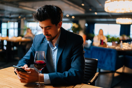 Portrait of handsome elegant man wearing fashion suit using smartphone chatting with friends and drinking red wine sitting at table in restaurant. Confident bearded male waiting for girlfriend on dateの写真素材