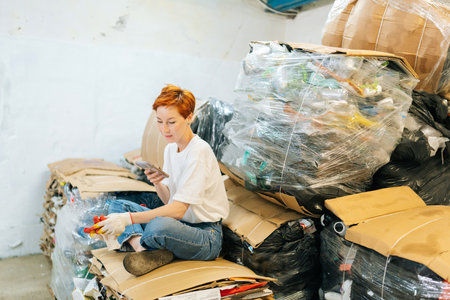 Tired redhead young female volunteer worker of modern private waste recycling plant resting sitting...