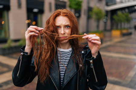 Portrait of despaired young woman touching wet hair after autumn rain standing on beautiful city street, looking at camera. Front view of worried female untangling hair after being caught in downpour.の写真素材