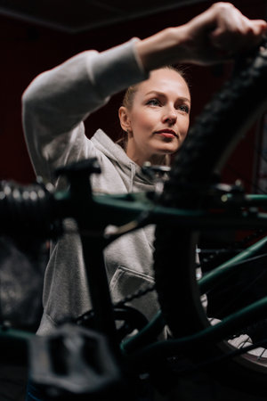 Vertical close-up of focused blonde cycling mechanic female repairing and fixing mountain bicycle standing on bike rack in repair workshop with dark interior. Concept of professional bike maintenance.の写真素材