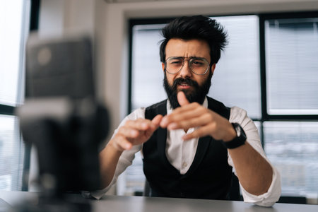 Closeup portrait of Indian social media influencer broadcasting from office, using smartphone and tripod, sitting at table and talking to phone camera. Blogger recording video for internet vlogの写真素材
