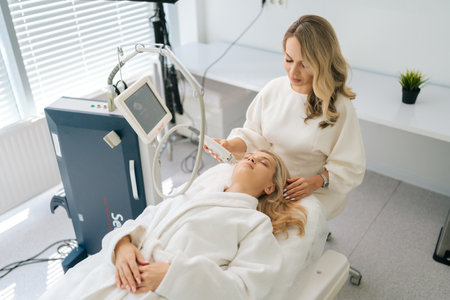 High-angle view of professional cosmetologist making woman RF lifting procedure of face and eyes area. Female client getting stimulating beauty facial treatment lying on couch in beauty clinic.の写真素材