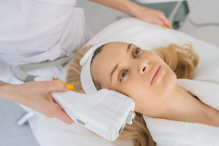 Close-up top view of young woman receiving HUFU therapy high intensity ultrasound treatment on face. Cosmetologist doing non-surgical cosmetic plasma lift on female client with ultrasonic device.の写真素材