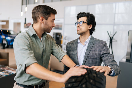 Professional salesman in business suit talking about characteristic of tires product to customer male came to look at assortment represented in auto dealership. Concept of auto maintenance.の写真素材