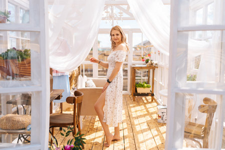 Portrait of charming blonde female wearing beautiful dress standing inside of summer gazebo house on sunny day, smiling looking at camera with happy expression. Concept of summertime vacation.の写真素材