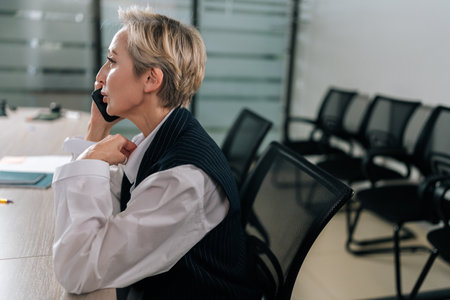 Side view of serious middle-aged businesswoman talking mobile phone with business partner in office. Closeup of mature pensive woman calling phone. Female entrepreneur having conversation on cellphoneの写真素材