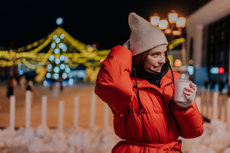 Portrait of smiling young woman wearing warm winter clothes enjoying drinking cup of takeaway coffee...