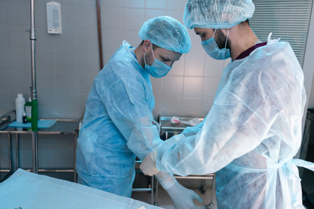 Assistant male helping surgeon putting on latex gloves before operation. Team of surgeons in operating room with light modern interior preparing for surgery. Concept of surgery and emergency.の写真素材