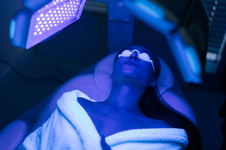 Closeup top view of female client having blue LED light facial photodynamic therapy treatment in modern beauty salon. Woman lying during non-invasive type of phototherapy. Concept of beauty treatment.の写真素材