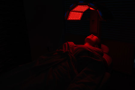 Remote view of female client in protective glasses having red LED light facial photodynamic therapy treatment in beauty salon. Young woman lying during non-invasive type of phototherapy.の写真素材