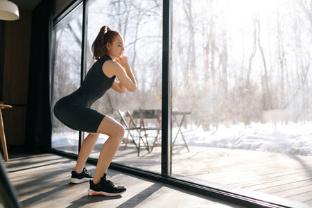 Back view of slim fit young woman in activewear making squats training at home. Athletic fit female doing fitness aerobic exercises for booty in room standing by window on sunny morning.の写真素材