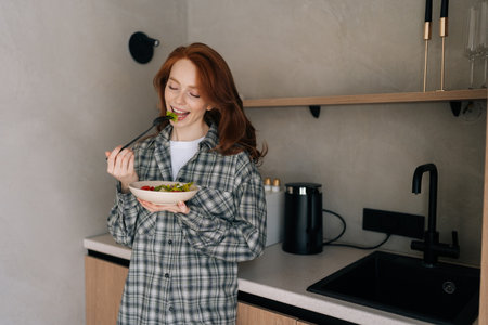 Portrait of happy young woman eating salad with organic vegetables, enjoying healthy diet, standing in modern kitchen interior. Pretty redhead lady cooked veggie meal at home. Weight loss conceptの写真素材