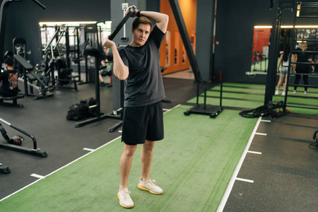 Full length portrait of beginner sportsman holding and rotating weight disc plate overhead during...