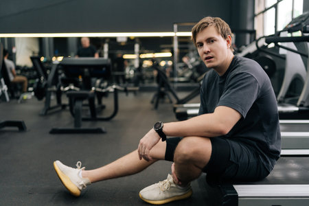 Portrait of exhausted runner taking break at gym sit on treadmill. Portrait of exhausted sweaty male hard breathing after cardio exercise running workout. Weary man sit on fitness treadmill relax.の写真素材