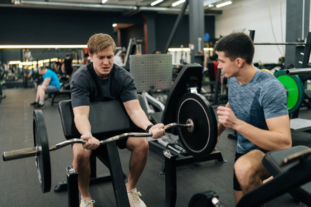 Portrait of male exercising support under supervision of personal coach. Trainer helping beginner sportsman for correct doing Scott Curls with barbell, lifting up EZ-bar sitting on preacher curl benchの写真素材