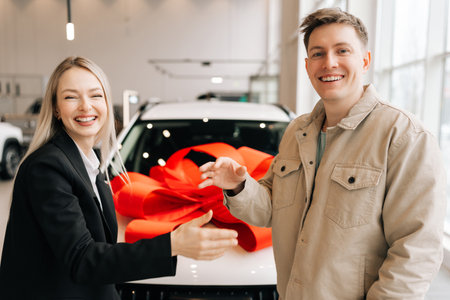 Portrait of smiling blonde female manager in suit congratulating male buyer with purchase in auto showroom, giving car keys to client. Saleswoman and male customer shaking hands after successful dealの写真素材