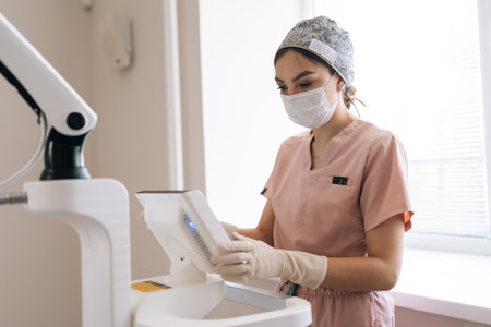 Medium shot of young female doctor in protective mask and gloves setting modern device in medical...