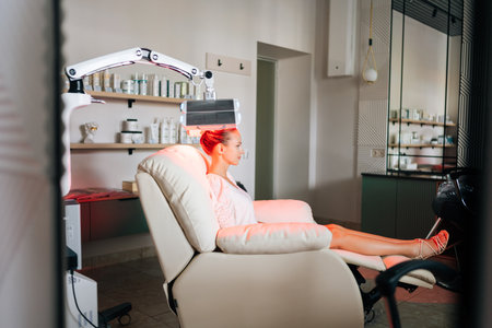 Remote wide shot of young woman client having non-invasive type of phototherapy in medical clinic during hair treatment. Blonde female sitting on chair having LED light hair photodynamic therapy.の写真素材