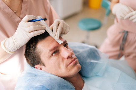 Close-up of unrecognizable female nurse drawing using pencil new hairline on head of handsome patient male before hair transplantation surgery in clinic. Concept of professional baldness treatment.の写真素材