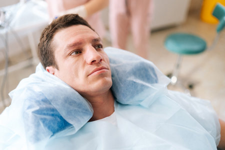 Close-up portrait of cosmetology male client pensive looking away lying on medical chair modern clinic. Handsome young man waiting for dermatologist cosmetologist consultation in beauty salon.の写真素材