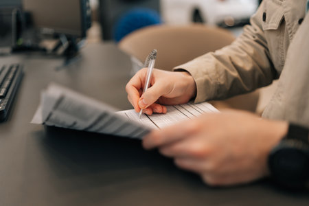 Close-up cropped shot of unrecognizable man in casual clothes putting signature on legal documents...