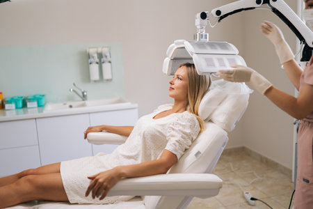Side view of beautician specialist connecting and adjusting innovation device for photodynamic therapy procedure during hair treatment at modern medical clinic. Concept of health checkup, treatment.の写真素材