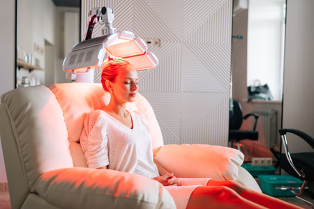 Pretty young woman client having non-invasive type of phototherapy in medical clinic during hair treatment. Blonde female sitting on chair closed eyes having LED light hair photodynamic therapy.の写真素材