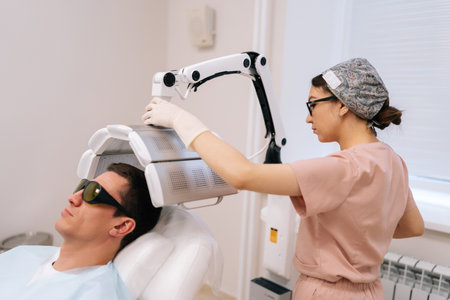 Female beautician specialist connecting and adjusting innovation device for photodynamic therapy procedure after hair transplant of male patient at medical clinic. Concept of health checkup, treatmentの写真素材