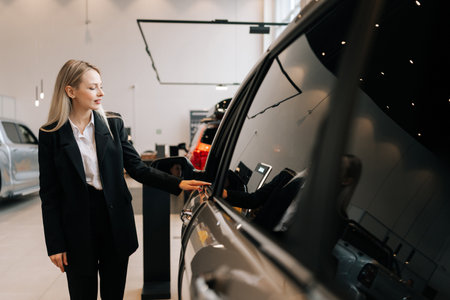 Side view of professional female car dealer in business suit talking to unrecognizable client sitting in car seat. Confident saleswoman helping customer to choose best automobile at modern showroom.の写真素材
