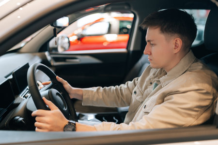 View from side window to handsome male customer sitting behind steering wheel of new car in...