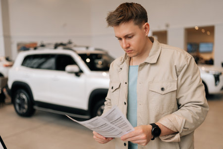 Portrait of doubtful young male customer holding papers, checking vehicle characteristics during choosing car in modern dealership center. Concept of choosing and buying new auto at showroom.の写真素材