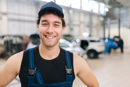 Closeup portrait of cheerful male repairman in uniform standing posing in auto service shop, looking at camera with smiling expression. Concept of professional automobile maintenance in repair center.の写真素材