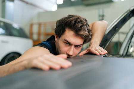 Focused auto mechanic male checking polished car hood well in workshop. Serious repairman conducts...