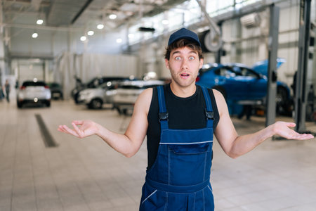 Uncertain car mechanic male shrugging shoulders while not knowing what disrepair with repair car. Doubtful repairman wearing workwear clothes, trying to solve problem. Concept of car service.の写真素材