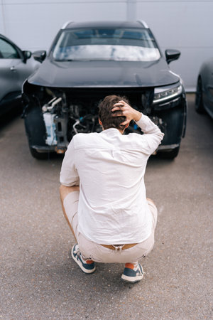 Rear view of stressed driver crouching near broken car, touching head, stressed about trouble, reflecting on repair costs and insurance. Moment of despair on road, highlighting vehicle safety.の写真素材