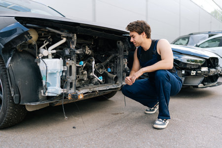 Pensive mechanic wearing blue overalls crouching next to damaged car, carefully examining for any necessary repairs, assessing plan for future work in automobile repair and renew service station.の写真素材