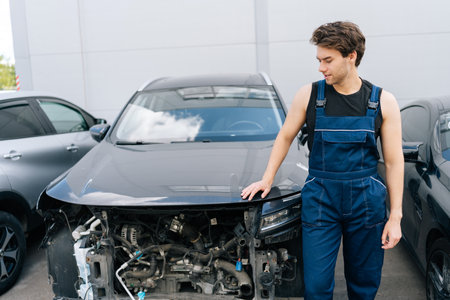 Mechanic inspecting damaged car in outdoors garage workshop, evaluating repairs needed after accident. Auto mechanic repairman examining front of car without bumper, assessing plan for future work.の写真素材