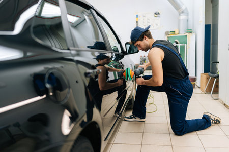 Focused mechanic worker male in cap polishing door of luxury car in auto repair shop using with...