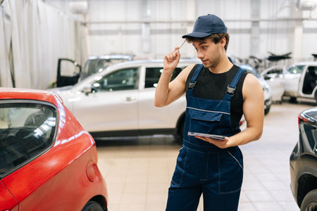 Pensive professional car mechanic man in overalls hold tablet with stylus work in modern vehicle repair shop indoors. Concept of car service, repair and maintenance.の写真素材